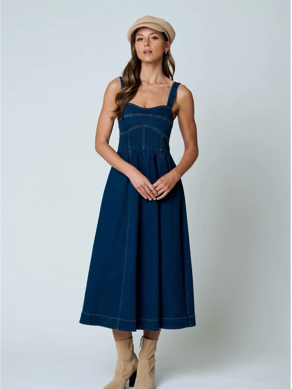 Sleeveless Midi Denim Dress in Dark Blue